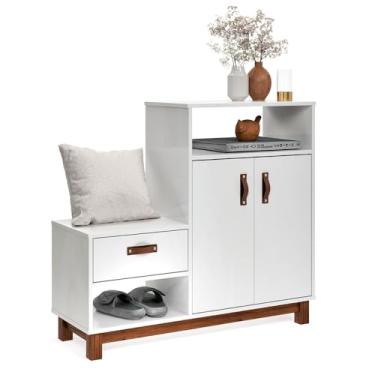 Imagem de Sapateira com Banco Organic 3 Portas Pés de Madeira Maciça (Branco)