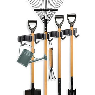 Imagem de Suporte de vassoura de parede | Organizador de esfregão de aço inoxidável resistente com 4 prateleiras e 5 ganchos para cozinha, banheiro, garagem, jardim e lavanderia | Rack de ferramentas de limpeza