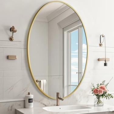 Imagem de JENBELY Espelho oval dourado para banheiro, espelho oval de banheiro de 66 x 96 cm com moldura de metal escovado, espelho decorativo de parede para banheiro, sala de estar, entrada