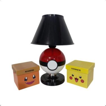 Imagem de Kit Abajur de Mesa + Porta Cotonete Algodão Pokemon Pokebola - Clarear