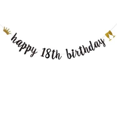Imagem de Banner de feliz aniversário de 18 anos, pré-amarrado, decorações de festa de glitter de papel preto para suprimentos de festa de 18 anos letras pretas ZHAOFEIHN
