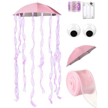 Imagem de Dansydaisy Conjunto de fantasia e chapéu de água-viva DIY de Halloween, incluindo chapéu de guarda-chuva, cordão de luzes de LED, fitas que balançam os olhos para adultos (rosa)