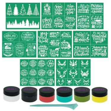 Imagem de DGAGA 15 peças de estêncil de tela de seda de Natal e pasta de giz, transferências de malha, tinta de giz, reutilizável, estêncil de serigrafia autoadesivo para pintura em madeira, placa de árvore de