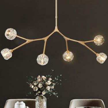 Imagem de Sparklelf Luminária pendente de cristal K9 Lustres Sputnik para sala de jantar Lustre dourado moderno de 6 luzes L43'' Lustre de montagem embutida de meados do século para cima da mesa sala de estar