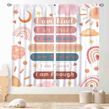 Imagem de Cortinas arco-íris para sala de aula, rosa boho fofas inspiradoras citações motivacionais arco-íris colorido pastel cortina de janela para bebês, crianças, meninas, quarto, sala de estar, berçário