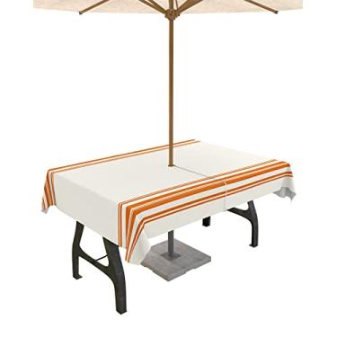 Imagem de Toalha de mesa de outono para uso ao ar livre com orifício para guarda-chuva, mesa retangular listrada laranja com zíper, impermeável, coleção de capa de mesa para pátio, jardim, piquenique