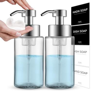 Imagem de Doiliese Dispensador de espuma de vidro para as mãos, refil fácil de 293 ml, dispensador de espuma com bomba de aço inoxidável e etiquetas à prova d'água, frascos de espuma de sabão para lavar as mãos