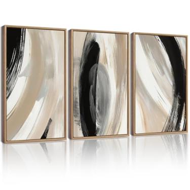 Imagem de KUVIOKE Arte de parede emoldurada abstrata moderna preta neutra minimalista tinta e lavagem grafite pastel decoração de parede para quarto sala de estar 30 x 40 cm (moldura natural)