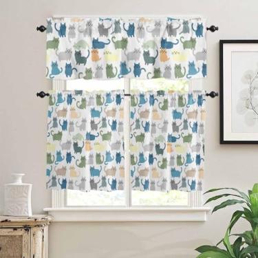 Imagem de Conjunto de 3 peças de sanefa de cortina de cozinha, conjunto de 3 peças, sanefas de bolso de haste sem costura para cortinas de camada de janela, animal engraçado em branco, tratamento de janela de