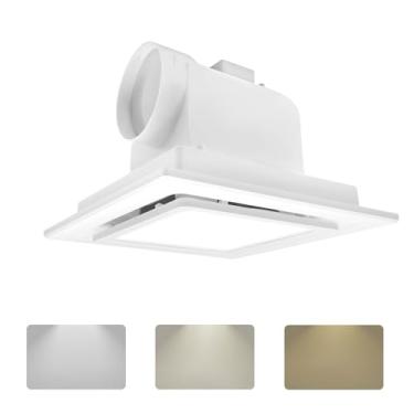 Imagem de POWERENG Exaustor de banheiro com luz, painel de 11,8 polegadas, LED quadrado de 12 W, 141 CFM, 0,7 sones, 110 V 45 W silencioso ventilador de ventilação de banheiro exaustor para chuveiro/banheiro