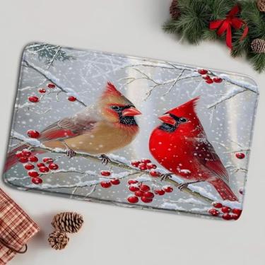 Imagem de AMFD Tapete de banho de pássaro vermelho de Natal inverno verde ramo de pinheiro bagas neve ano novo feriado banheiro banheira tapetes de chão capacho decoração de vaso sanitário, 45,7 x 76,2 cm