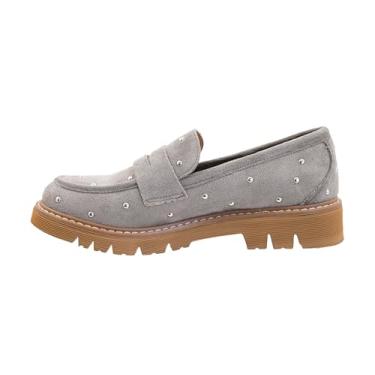 Imagem de Corkys Footwear Mocassim feminino Hey Girl com salto de 3,8 cm, cabedal cravejado e palmilhas macias de EVA para conforto chique e estilo moderno, Camurça sintética cinza claro, 40
