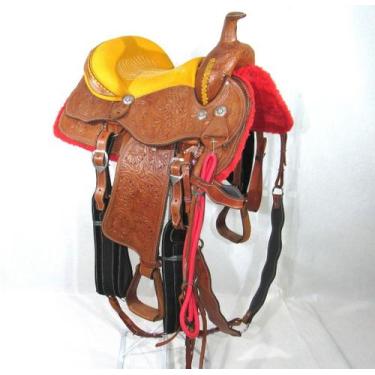 Imagem de Sela Americana Amarela Quarto de Milha Entalhada Completa Profissional