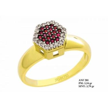 Imagem de Anel de Formatura Hexa em Ouro 18k Amarelo Rubi e Brilhantes em Zircôn