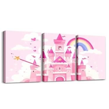 Imagem de jejeloiu Arte de parede em tela de princesa para meninas para sala de estar quarto 30,5 x 40,6 x 3 peças de desenho animado castelo rosa decoração de parede para decoração de casa de banho para