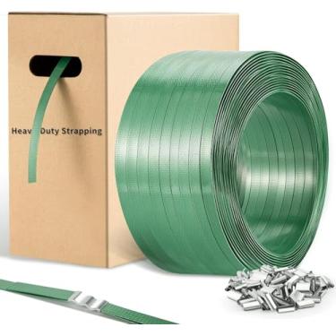 Imagem de Embalagem com cintas, kit de tiras de poliéster verde PET resistente, resistência à ruptura, resistência à ruptura, ferrugem/impermeável + 100 fivelas (embalagem de paletes, construção, envio)