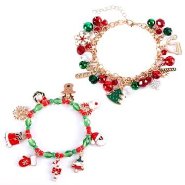 Imagem de 2 pulseiras com pingente de Natal, pulseira de contas de cristal de bola de diamante de sino de Natal e pulseira de contas de arroz pulseiras elásticas de Natal perfeitas joias de Natal presentes de