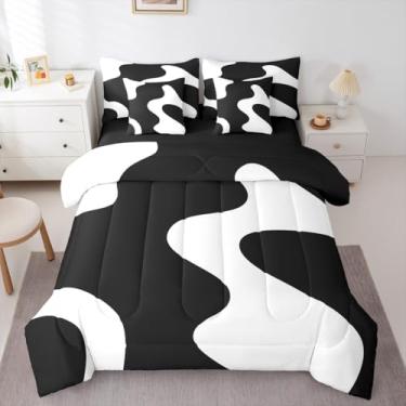 Imagem de Erosebridal Conjunto de cama abstrato branco e preto com 7 peças, boêmio, geométrico, listrado, para adultos, mulheres, homens, minimalista, geometria, arte moderna, conjunto de edredom simples