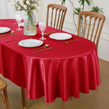 Imagem de Cobedzy Toalha de mesa oval de cetim vermelho 152 x 213 cm, lavável para uso interno/externo, capa de mesa de tecido resistente a manchas para fazenda, jantar, cozinha, casamento, banquete, festa