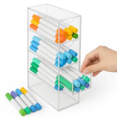 Imagem de Organizador de Canetinhas com 4 Gavetas Deslizantes, Acrílico Transparente, 25 x 17,5 x 6 cm