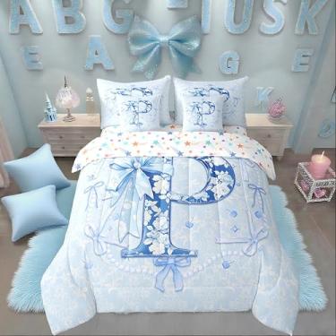 Imagem de Erosebridal Jogo de cama casal com laço floral azul, 7 peças, com inicial de flor, conjunto de edredom com lençóis, adolescentes, laço azul, P, colcha, laços preppy, presentes de aniversário para