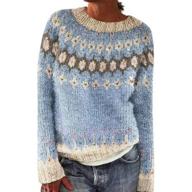Imagem de Suéter DMOYALA feminino Fair Isle, azul claro, cortado