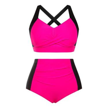 Imagem de Conjunto de biquíni Hanna Nikole Tummy Control preto e rosa vermelha L