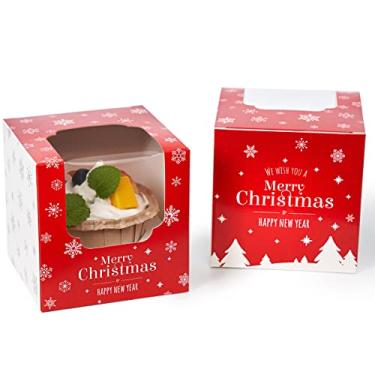 Imagem de Happyhiram Caixas de cupcake de Natal 200 peças a granel, caixa individual de cupcake vermelha e branca com inserção e janela para o ano novo e feriado para caixas de presente de enfeite para caixas de presente e bombas de cacau para lembrancinhas de festa