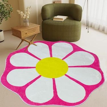 Imagem de Tapete redondo vermelho rosa lavável de 1,2 m, tapetes circulares macios em forma de flor para berçário e meninas, lindo tapete floral redondo antiderrapante, tapete circular para quarto, piso interno