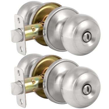 Imagem de Maçaneta de porta de privacidade com fechadura, maçaneta sem chave com esfera redonda, maçaneta interna, maçaneta interna para quarto e banheiro, níquel acetinado, pacote com 2