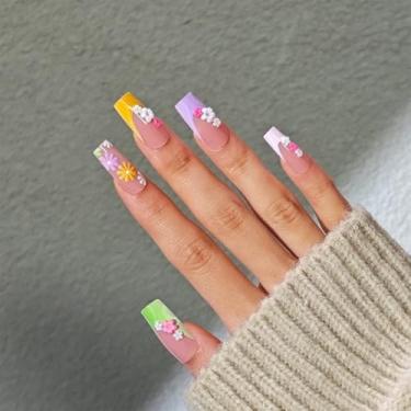 Imagem de Unhas postiças quadradas de pressão média, unhas falsas francesas, unhas artificiais fofas com desenhos florais, prensas de unhas de acrílico, flores 3D, unhas adesivas para mulheres, 24 peças