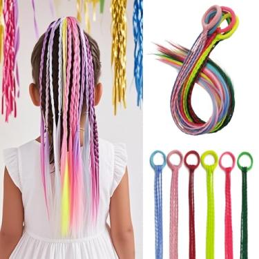 Imagem de Pacote com 6 extensões de cabelo trançadas de cor sólida de 40,6 cm para meninas – Tranças sintéticas elásticas amarradas – Lindas peças de cabelo de rabo de cavalo para crianças – Fácil de usar para