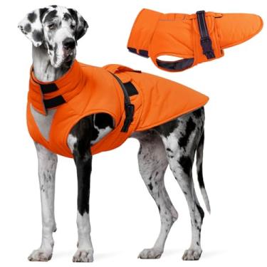 Imagem de OUOBOB Casaco para cães extragrande, jaqueta de inverno quente para cães, roupa de neve impermeável para cães com coleira alta dobrável, tiras refletivas, fecho de ajustável - ideal para clima frio