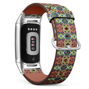 Imagem de MRAKPLGE Pulseira de relógio, estampa étnica boho, compatível com Fitbit Charge 6/Fitbit Charge 5, pulseira de couro vegano de substituição, pulseira, pulseira para homens e mulheres