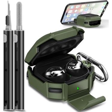 Imagem de Galafoki Capas de fibra de carbono com trava para Samsung Galaxy Buds FE (2023) / Capa Galaxy Buds 2 Pro 2022/Bud Pro 2021/Bud 2 2021/Bud Live 2020 com suporte de telefone e chaveiro - verde exército