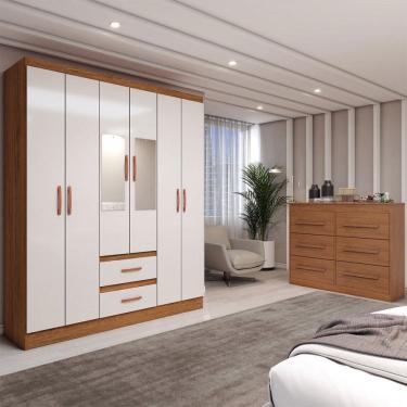 Imagem de Guarda-Roupa Solteiro Europa 6 Portas 2 Gavetas com Cômoda 6 Gavetas com Espelho Cinamomo/Off White - Panorama Móveis