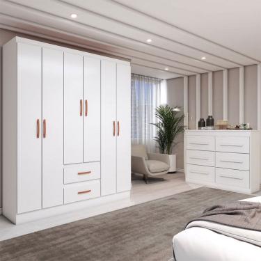 Imagem de Guarda-Roupa Solteiro Europa 6 Portas 2 Gavetas com Cômoda 6 Gavetas Branco - Panorama Móveis