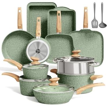 Imagem de MAISON ARTS Conjunto de panelas e frigideiras de 17 peças - Conjuntos de panelas de cozinha com revestimento de pedra de granito antiaderente, indução, lavável na lava-louças, verde