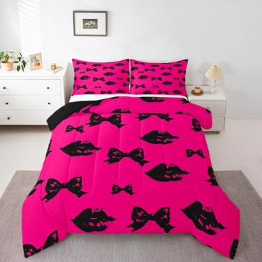 Imagem de jejeloiu Conjunto de cama Queen com laço preto, estampa de beijo labial, para meninos e meninas, edredom preto e rosa, microfibra macia e leve com 2 fronhas