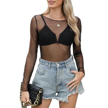 Imagem de Camisa de verão KTILG, malha preta, renda transparente, gola de barco,