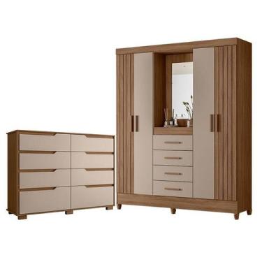 Imagem de Guarda Roupa Solteiro com Espelho Atenas e Cômoda Georgia Carvalho Fen