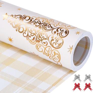 Imagem de EWES Rolos de papel de embrulho de Natal branco dourado fofo infantil reversível árvore grossa estética elegante folhas de embrulho de presente resistentes meninas meninas meninas princesa total 28,5