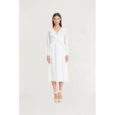 Imagem de The Good Journey Vestidos femininos de manga comprida, gola V, evasê, midi com babados e detalhes de algodão para convidados de casamento, Marfim, G