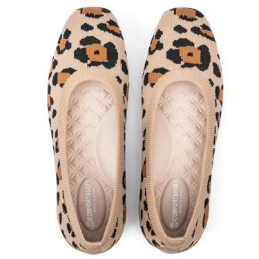 Imagem de Frank Mully Sapatilhas femininas rasteiras de bico quadrado confortáveis sem cadarço laváveis para trabalho elegante, Leopardo, bege, 42