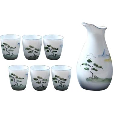 Imagem de JOEUQK Conjunto de copos de saquê japonês 7 peças tradicionais de cerâmica com 1 garrafa de servir saquê e 6 copos de saquê, D