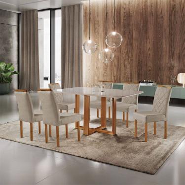 Imagem de Conjunto Sala de Jantar 6 Lugares Florida Mesa e Cadeiras Madeira Macica Tecido Linho Bege Moveis Mundial