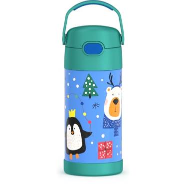 Imagem de THERMOS FUNTAINER Garrafa de água com canudo - 340 g - Garrafa de água infantil isolada a vácuo de aço inoxidável com tampa, pinguim