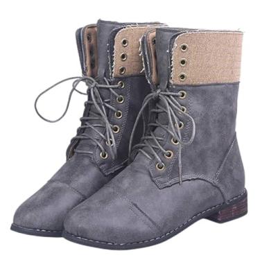 Imagem de Bigfanshu Bota feminina tamanho grande infantil através do desejo outono e inverno novos sapatos britânicos médios botas de cano médio salto quadrado com cadarço bota de cavaleiro, Cinza, 5