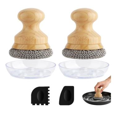 Imagem de Esfregador de frigideira de ferro fundido, limpador de panela com 2 raspadores, escova de corrente para pratos, panelas, panelas, chapas para grelhar, grelhadores (pequeno 2 peças)