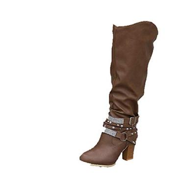 Imagem de Bigfanshu Botas femininas de cano alto lisas, rasas, bico fino, salto quadrado, botas até o joelho, moda feminina, atlética, fecho de tornozelo, botas Chelsea, Marrom, 34 BR